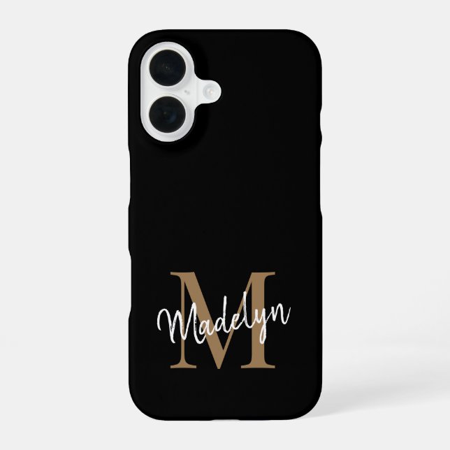 Modern Black Gold Monogram Feminine Script Name Iphone Case (Back)