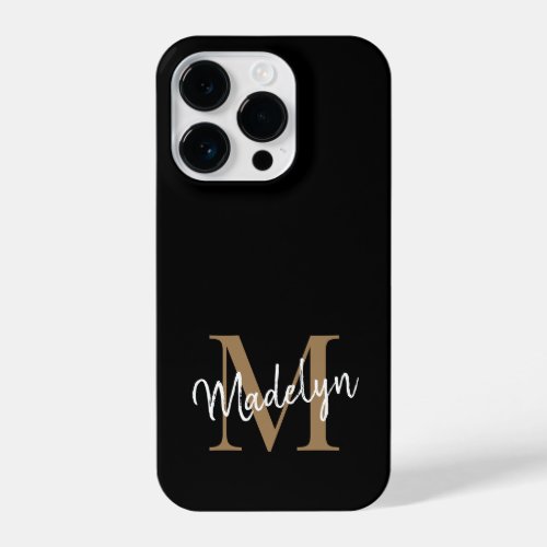 Modern Black Gold Monogram Feminine Script Name iPhone 14 Pro Case