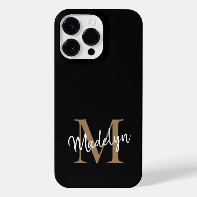 Modern Black Gold Monogram Feminine Script Name iPhone Case (Back)