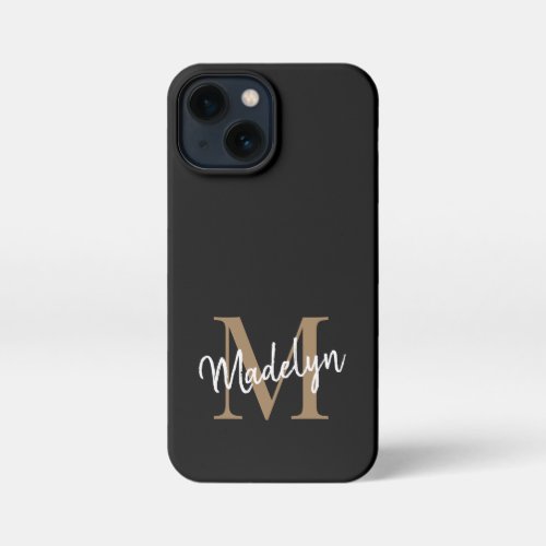 Modern Black Gold Monogram Feminine Script Name iPhone 13 Mini Case