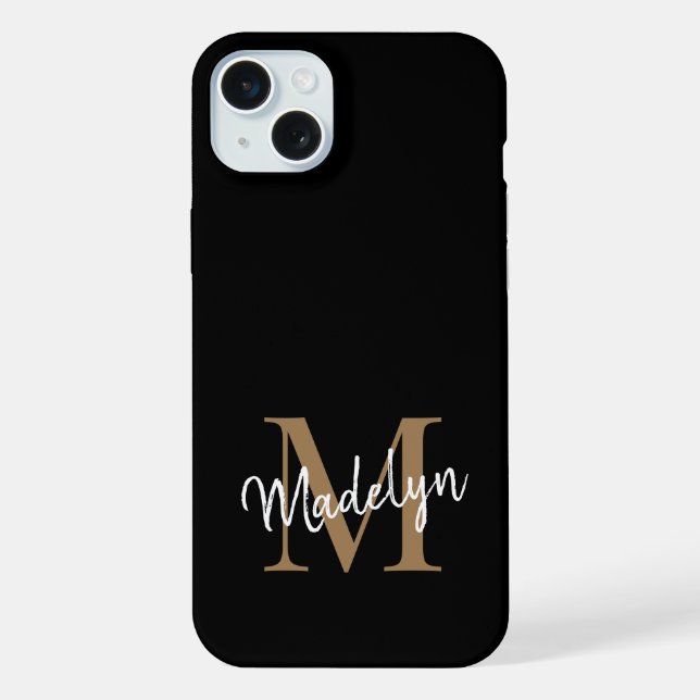 Modern Black Gold Monogram Feminine Script Name iPhone Case (Back)