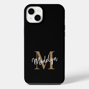 Modern Black Gold Monogram Feminine Script Name iPhone 14 Plus Case