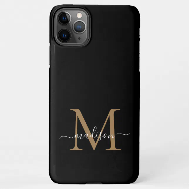 Modern Black Gold Monogram Feminine Script Name iPhone Case | Zazzle
