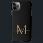 Modern Black Gold Monogram Feminine Script Name iPhone 11Pro Max Case<br><div class="desc">Modern Black Gold Monogram Feminine Script Name Phone Case</div>