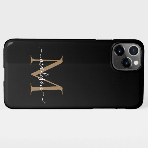 Modern Black Gold Monogram Feminine Script Name iPhone Case | Zazzle