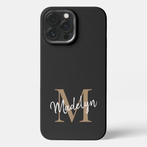 Modern Black Gold Monogram Feminine Script Name iPhone 13 Pro Max Case