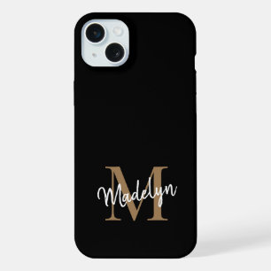Modern Black Gold Monogram Feminine Script Name iPhone 15 Plus Case
