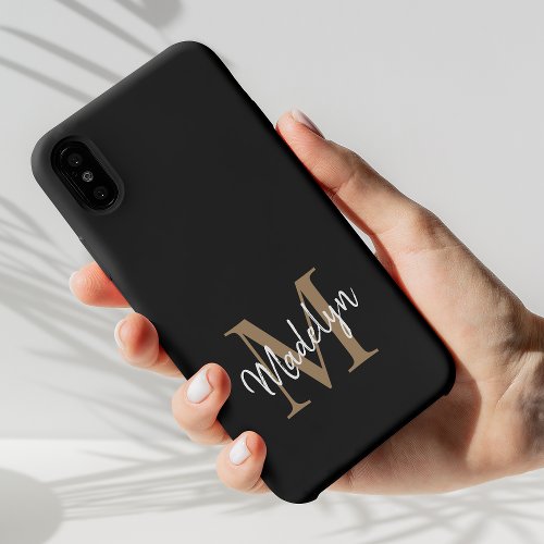 Modern Black Gold Monogram Feminine Script Name iPhone 14 Plus Case