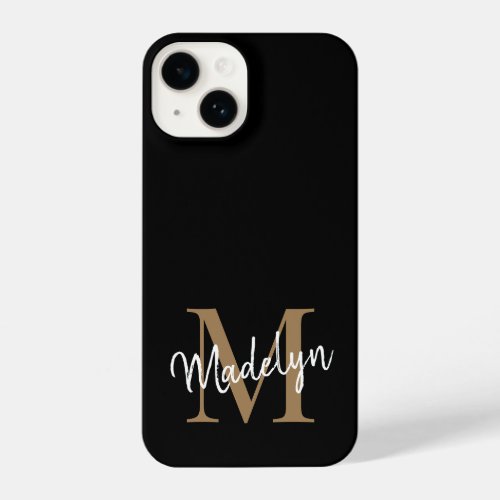 Modern Black Gold Monogram Feminine Script Name iPhone 14 Case