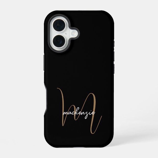 Modern Black Gold Monogram Feminine Script Name iPhone Case (Back)