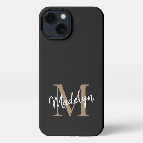 Modern Black Gold Monogram Feminine Script Name iPhone 13 Case