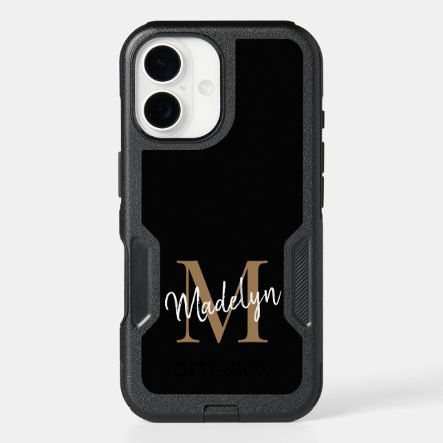 Modern Black Gold Monogram Feminine Script Name Otterbox iPhone Case (Back)