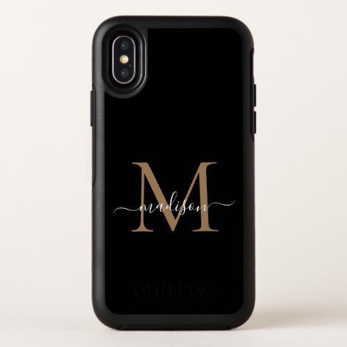 Modern Black Gold Monogram Feminine Script Name OtterBox Symmetry iPhone X Case