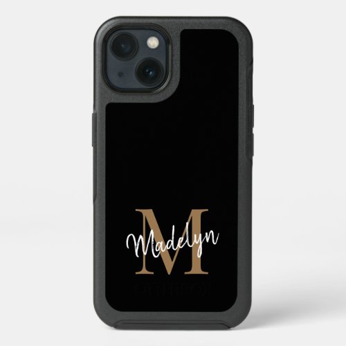 Modern Black Gold Monogram Feminine Script Name iPhone 13 Case