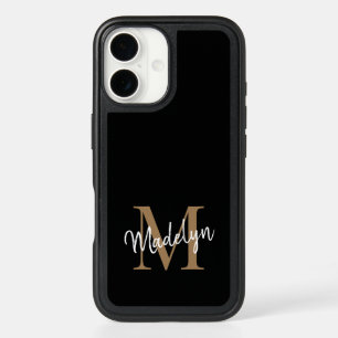 Modern Black Gold Monogram Feminine Script Name iPhone 16 Case