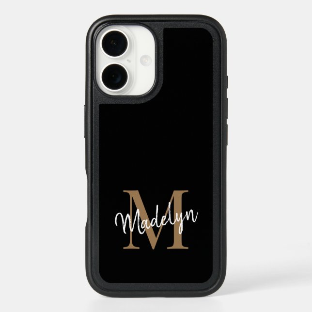Modern Black Gold Monogram Feminine Script Name Otterbox iPhone Case (Back)