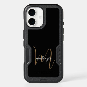 Modern Black Gold Monogram Feminine Script Name iPhone 16 Case