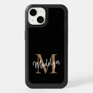 Modern Black Gold Monogram Feminine Script Name OtterBox iPhone 14 Case