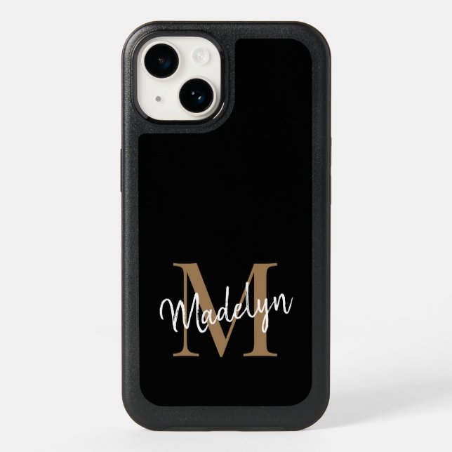 Modern Black Gold Monogram Feminine Script Name Otterbox iPhone Case (Back)