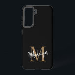Modern Black Gold Monogram Feminine Script Name Samsung Galaxy S21 Case<br><div class="desc">Modern Black Gold Monogram Feminine Script Name Phone Case. Easily personalize this modern elegant phone case with your custom monogram and name.</div>