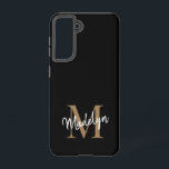 Modern Black Gold Monogram Feminine Script Name Samsung Galaxy S21 Case<br><div class="desc">Modern Black Gold Monogram Feminine Script Name Phone Case. Easily personalize this modern elegant phone case with your custom monogram and name.</div>