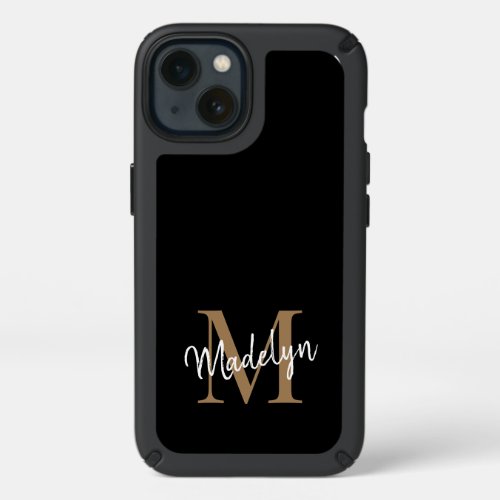 Modern Black Gold Monogram Feminine Script Name Speck iPhone 13 Case