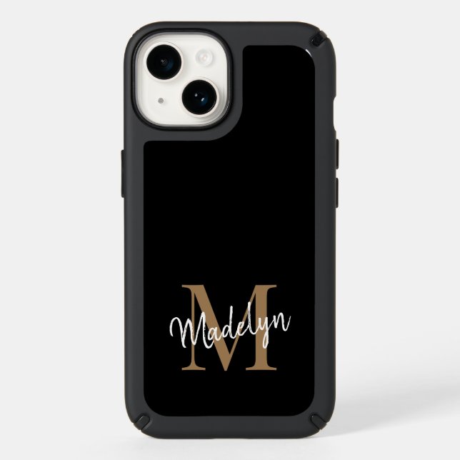 Modern Black Gold Monogram Feminine Script Name Speck iPhone Case (Front)