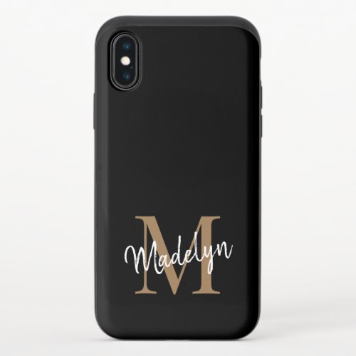 Modern Black Gold Monogram Feminine Script Name iPhone X Slider Case