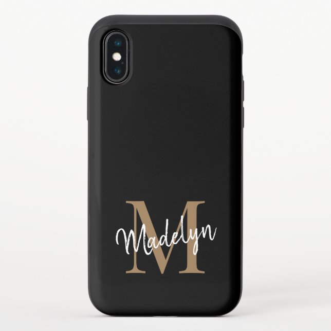 Modern Black Gold Monogram Feminine Script Name Uncommon iPhone Case (Back)