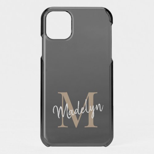 Modern Black Gold Monogram Feminine Script Name iPhone 11 Case