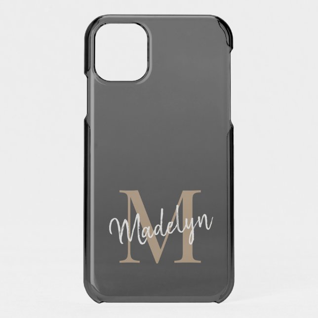 Modern Black Gold Monogram Feminine Script Name Uncommon iPhone Case (Back)