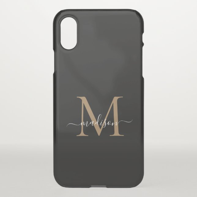 Modern Black Gold Monogram Feminine Script Name Uncommon iPhone Case (Back)