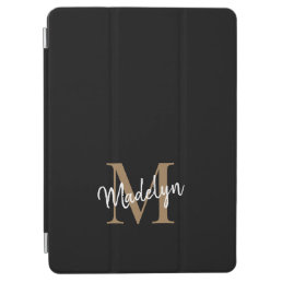 Modern Black Gold Monogram Feminine Stylish Script iPad Air Cover