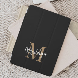 Modern Black Gold Monogram Feminine Stylish Script iPad Air Cover