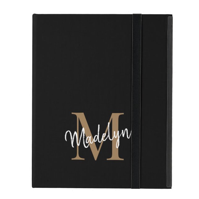Modern Black Gold Monogram Feminine Stylish Script iPad Case (Front Closed)
