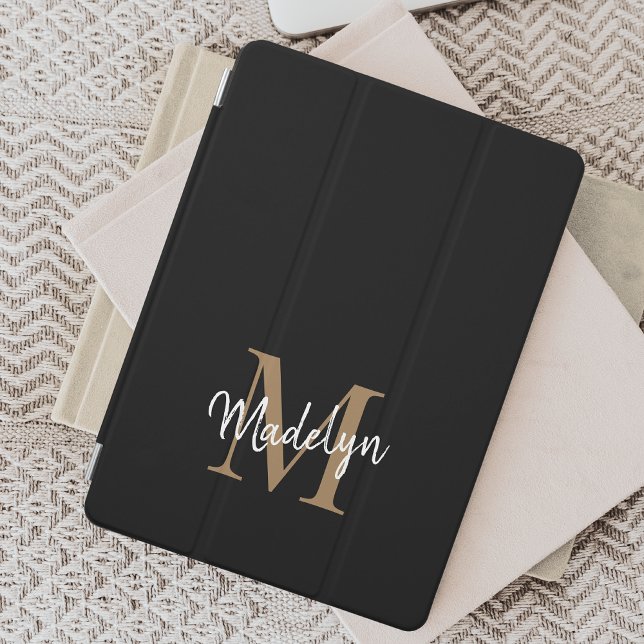 Modern Black Gold Monogram Feminine Stylish Script iPad Mini Cover (Creator Uploaded)