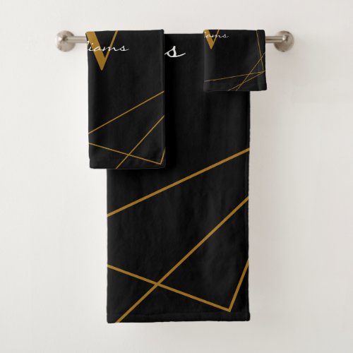 Modern Black Gold Monogram Geometric Name Script Bath Towel Set