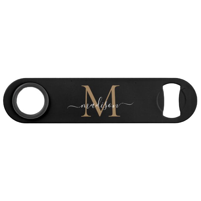 Modern Black Gold Monogram Girly Elegant Script Bar Key (Front (Horizontal))