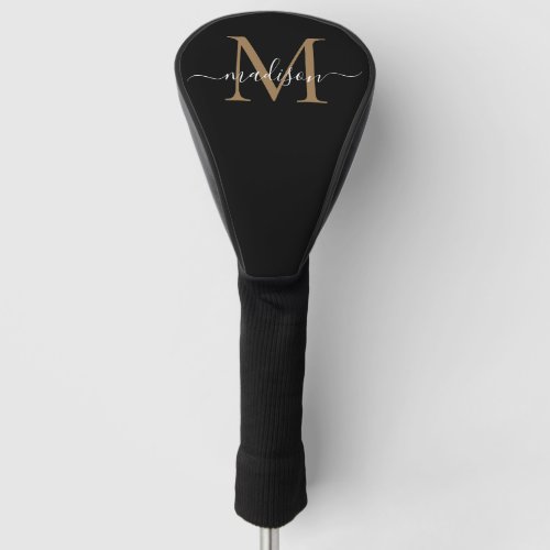 Modern Black Gold Monogram Girly Elegant Script Golf Head Cover