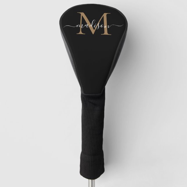 Modern Black Gold Monogram Girly Elegant Script Golf Head Cover (Front)