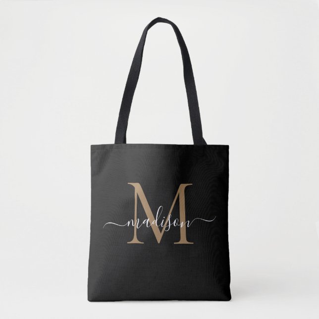 Modern Black Gold Monogram Girly Feminine Script Tote Bag (Front)