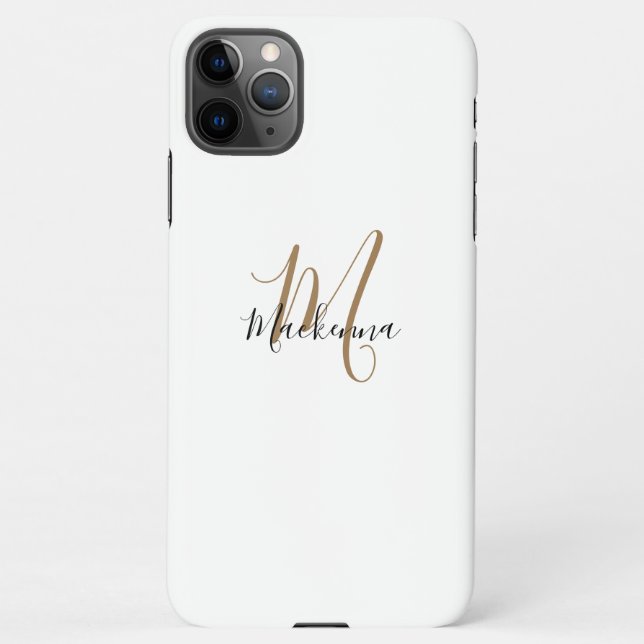 Modern Black Gold Monogram Girly Script Name White iPhone Case (Back)