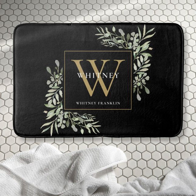 Modern Black Gold Monogram Greenery Leaves Bath Mat (Modern Black Gold Monogram Greenery Leaves Bath Mat)