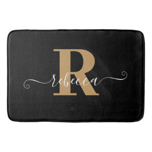 Modern Black Gold Monogram Hand Script Name Bath M Mat