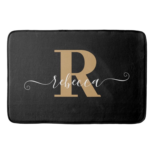 Modern Black Gold Monogram Hand Script Name Bath M Mat (Front)