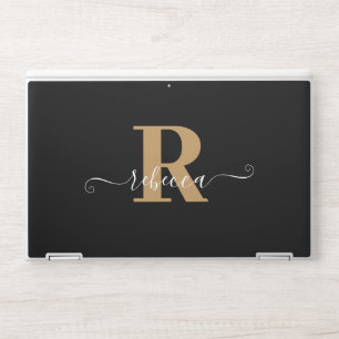 Modern Black Gold Monogram Hand Script Name HP Laptop Skin