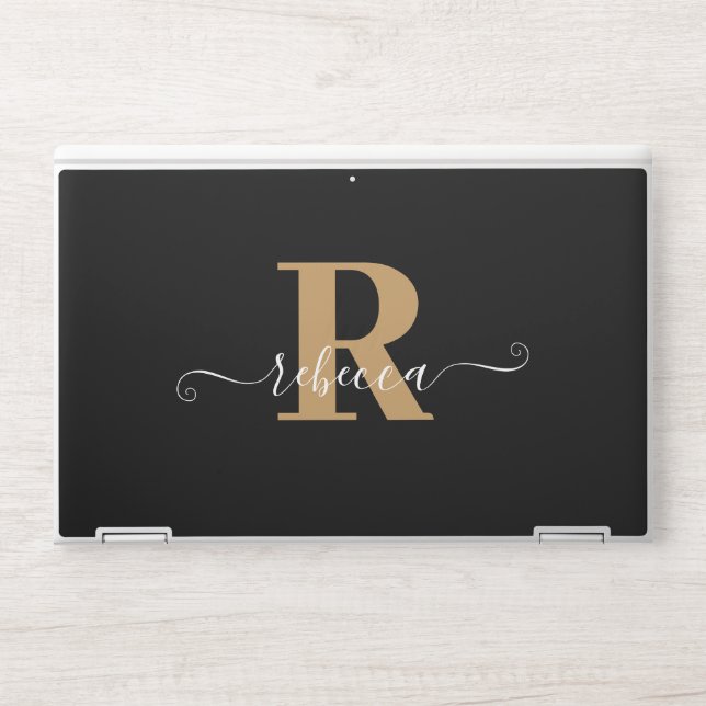 Modern Black Gold Monogram Hand Script Name HP Laptop Skin (Front)