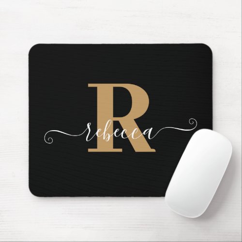  Modern Black Gold Monogram Hand Script Name Mouse Pad