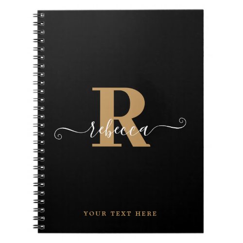 Modern Black Gold Monogram Hand Script Name  Notebook