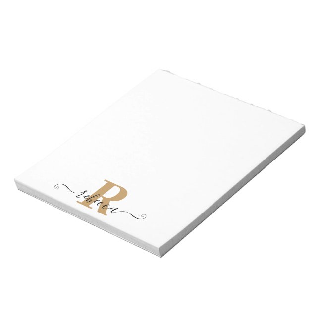 Modern Black Gold Monogram Hand Script Name Notepad (Rotated)